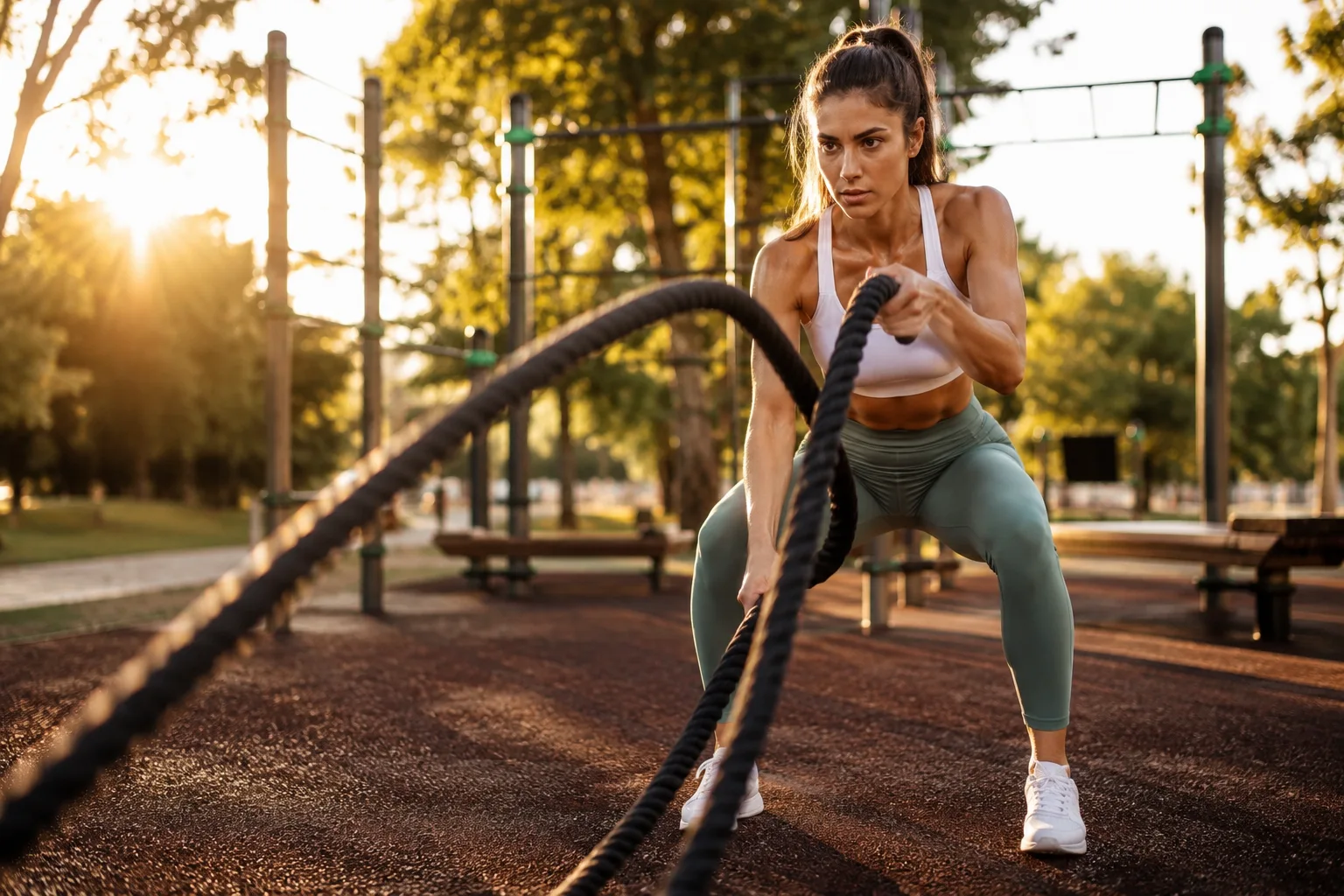 Woman mid-swing with battle ropes at an outdoor park gym