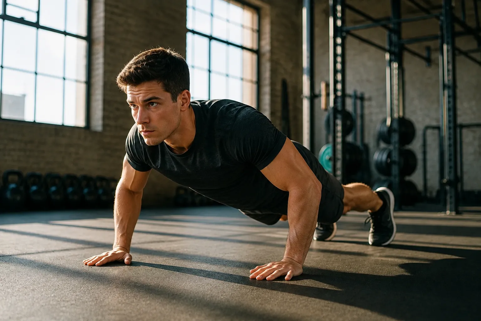 Man mid-set on a push-up in a sunlit gym